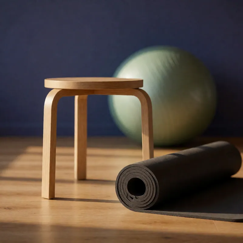 A stool and a rolled mat on the rehabilitation floor